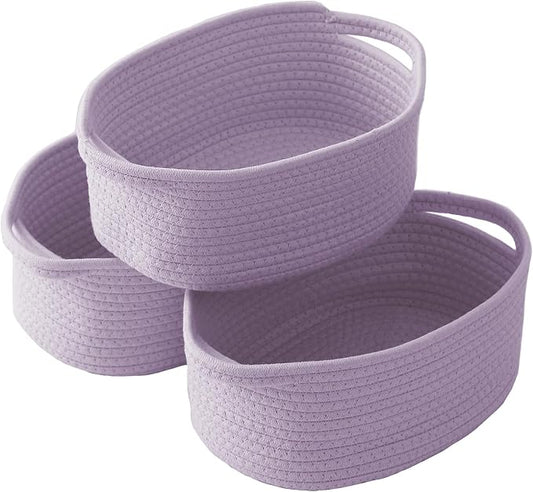 JMvicyroam Small Woven Basket, Empty Gift Basket, Purple/3 Pack | Small Gift Basket, Cotton Rope, 12 x 8 x 47 in, Handles, Includes Ribbon and Bag, Birthday Gift Basket