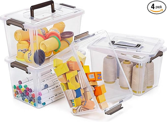 Citylife 4 Packs Plastic Storage Bins with Latching Lids Clear Storage Box with handle Stackable Storage Containers for Organizing Toys, Crafts, Tools