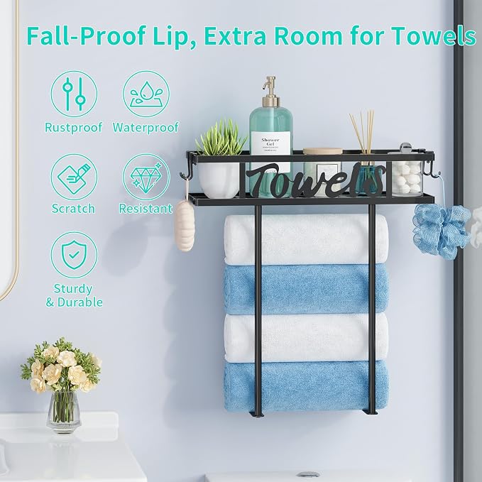 HapiRm Rolled Towel Racks for Bathroom - Towel Storage for Above Toilet | Space-Saver Wall Mounted Towel Holder with Metal Top Basket & 4 Hooks, Fit for Bathtub, Vanity, Small Bathroom, Camper, RV