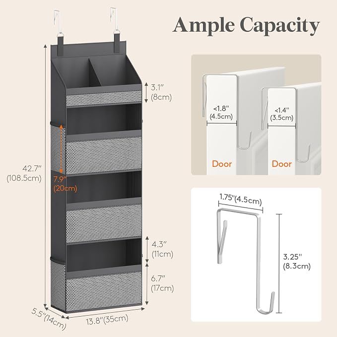 Lifewit 4 Tier Over the Door Diaper Organizer for Nursery, Large Heavy Duty Hanging Storage with 4 Mesh Side Pockets, Sturdy Back of Door Shelf for Baby Stuff Toy in Pantry, Laundry, Bathroom, Gray