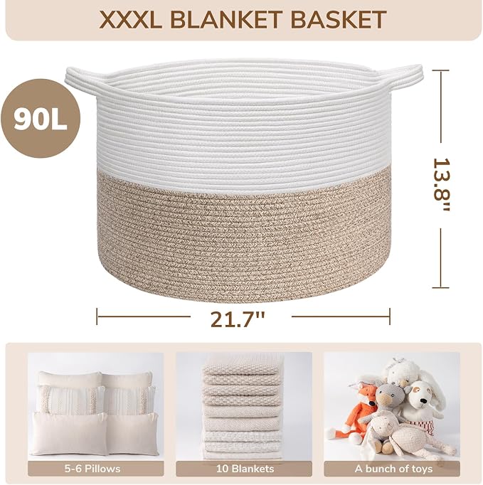 INDRESSME XXXLarge Woven Rope Blanket Basket Living Room Light Brown, 90L | 21.7" x 13.8" Storage baskets for toys laundry & pillows. Fits living room, bedroom or nursery décor. Soft-touch with handles