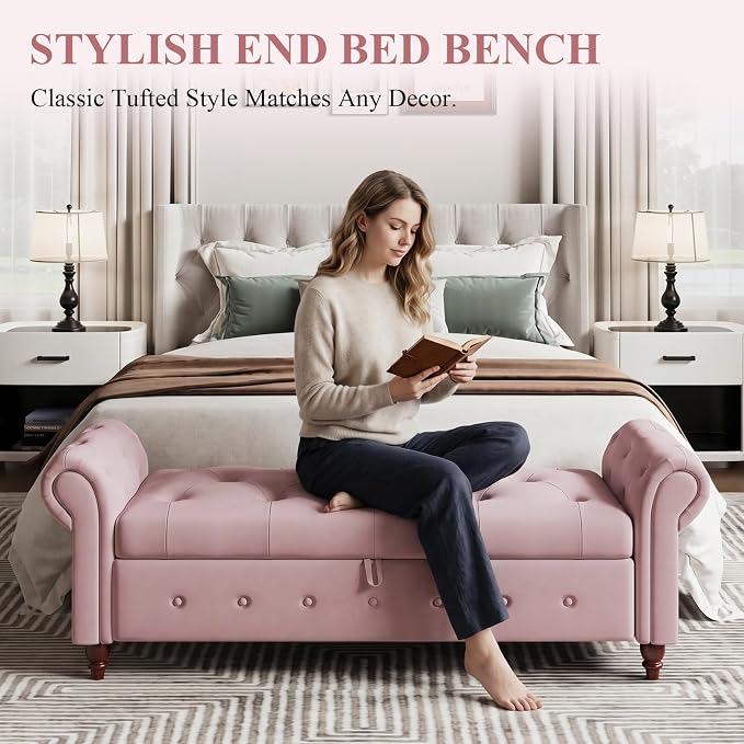 NIOIIKIT 63'' Storage Ottoman Bench, Tufted Entryway Bench Pink Velvet | Button Tufted End of Bed, Large Storage Space, Rolled Armed Ottoman Couch Long Bench for Bedroom, Living Room, Hallway