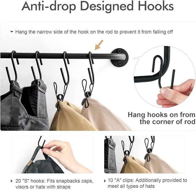 Mkono Hat Organizer Hat Rack for Wall Storage Holder with 20 Hooks Set of 2 | Hanging for 20 Caps, Adjustable Hooks, Space-Saving, Holds Baseball Scarves Belts Bags, Closet Door Bedroom Entryroom Laundry