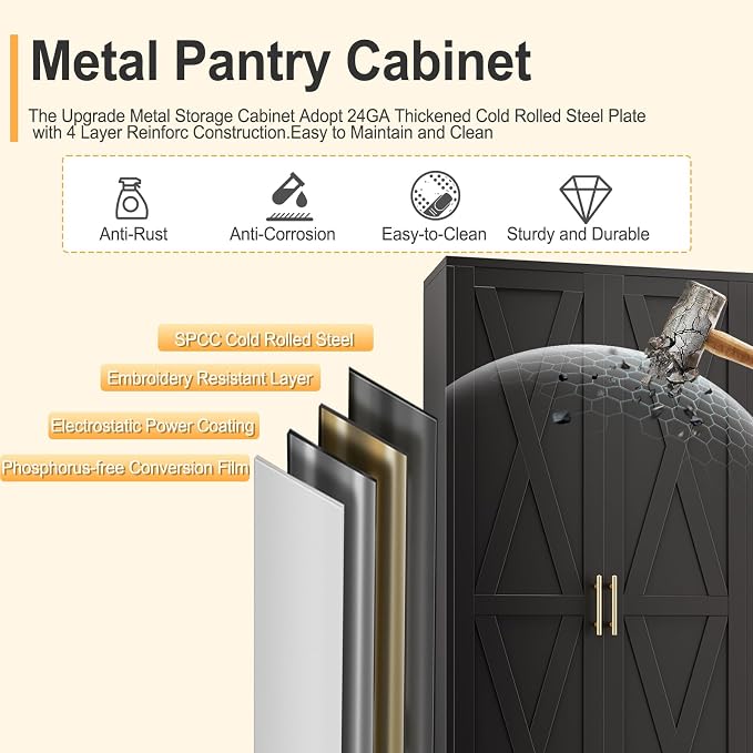 75.2" Tall Metal Kitchen Pantry Storage Cabinet, Freestanding Cupboard with 2 Doors and 5 Adjustable Shelves, Standing Storage for Kitchen, Bathroom, Garage, Dinning Room or Utility Room（Black）
