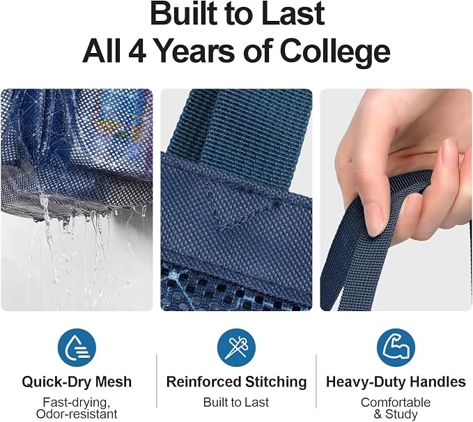 Mesh Shower Caddy Portable - 8 Pockets, S-Hook, Shower Bag for Dorm Camping | 2-Handle, Quick-Dry, Toiletry Organizer, College Dorm Room Essentials for Girls, Gym, Travel & Bathroom, Starlight Navy