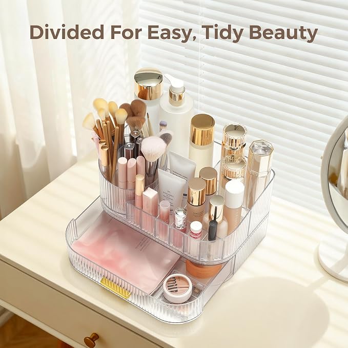 Delamu Rotating Makeup Organizer countertop, Brush Holder for Vanity, Clear | Stackable Drawer Makeup Storage for Skincare, Lipstick, Brushes & Perfume, Fits Dresser & Bathroom Countertop, Gift for Women