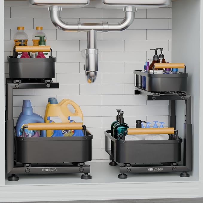 Premium Large Under Sink Organizer, 2-Tier Pull Out, Adjustable | Heavy-duty carbon steel, 7 adjustable heights and smooth ball-bearing sliding baskets for kitchen and bathroom cabinets
