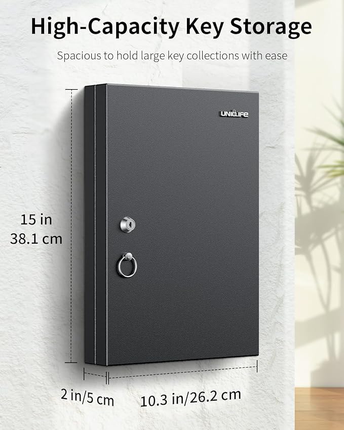 Uniclife 32 Position Key Lock Box, Wall Mount Security Key Cabinet, Black | Wider hook spacing fits car fobs, writable racks & tags for quick ID, easy mount, sturdy lock box for office hotel & company