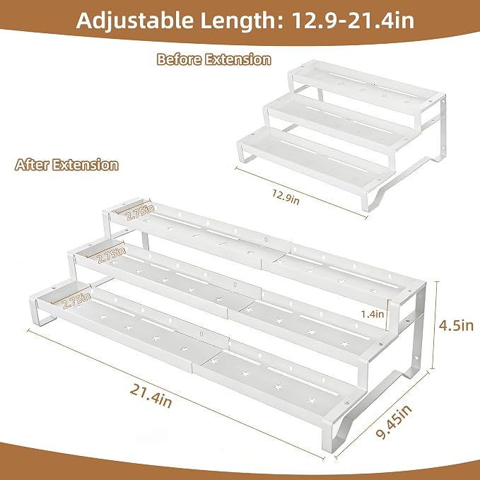 Expandable Spice Rack Organizer for Cabinet 3 Tier Spicy Shelf White 1Pack | Adjustable Length 13"-21", Easy to See Labels, Sturdy Metal, Slip-Resistant Guardrails for Jars, Cabinet & Countertop Storage