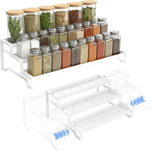 Expandable Spice Rack Organizer for Cabinet 3 Tier Spicy Shelf White 1Pack | Adjustable Length 13"-21", Easy to See Labels, Sturdy Metal, Slip-Resistant Guardrails for Jars, Cabinet & Countertop Storage