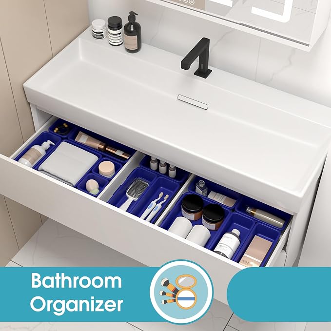 25 PCS Drawer Organizer Set, 4 Size Makeup Drawer Divider Organizer With Non-Slip Pads, Interlocking Plastic Storage Bins for Office,Jewelry Vanity,Gadgets, Bathroom,Kitchen, Navy