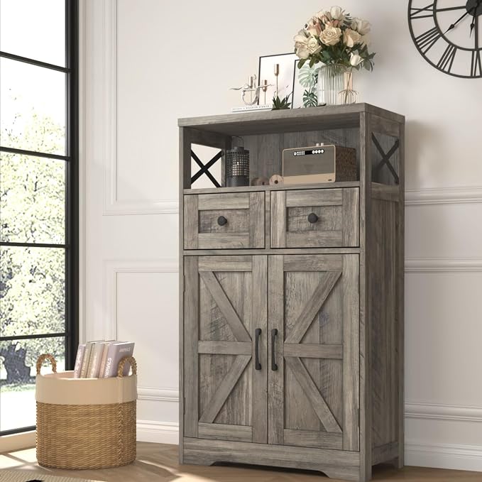 Befrases Farmhouse Storage Cabinet with Drawers and Shelf, Freestanding Kitchen Pantry Hutch for Kitchen, Living Room, Home Office, Rustic Grey