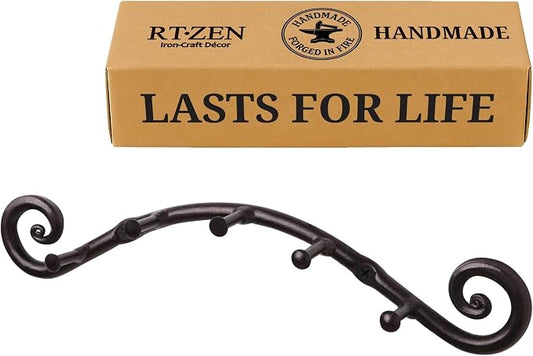 RTZEN Farmhouse Small Key Holder for Wall, Wrought Iron Wall Mount Rack | Handcrafted Swirl Decorative, 5 Key Hooks for Home Entryway, Purse, Coat and Leash Holder or Organizer (Swirly Black)