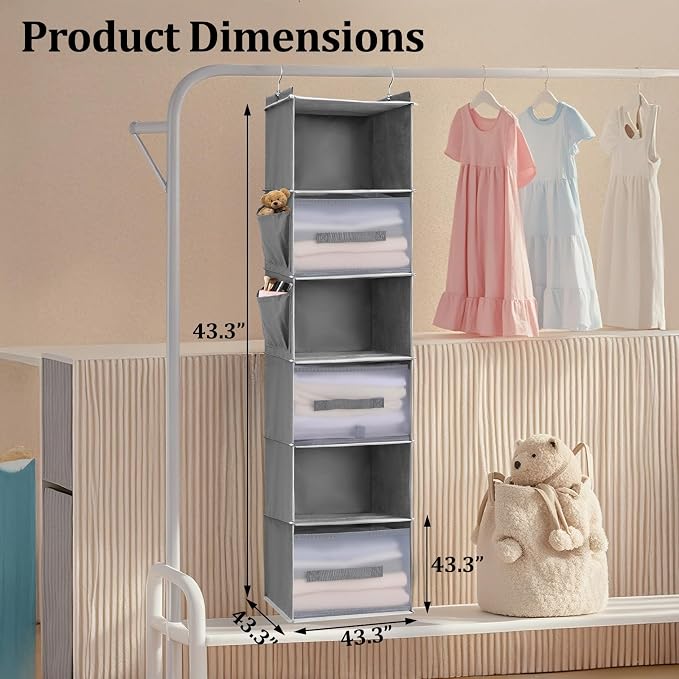 6-Shelf Hanging Closet Organizer with 3 Drawers & Side Pockets, Gray | Non-woven fabric, tool-free setup, ideal for bedrooms/dorms/RVs, 3 foldable transparent drawers for easy access