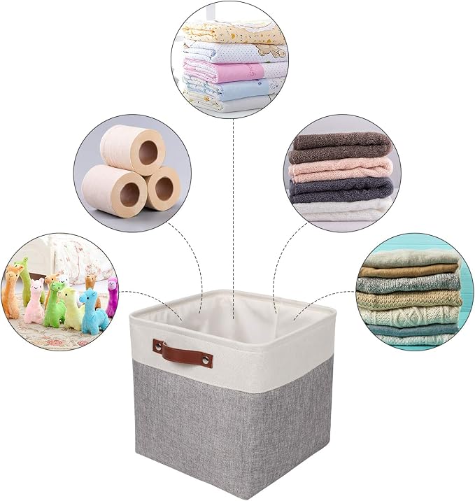 Univivi Cube Storage Bins,Fabric Storage Basket,13x13x13 inch,Gray,4 Pack | Large Capacity,Metal Frame,Hard Cardboard Bottom,Foldable,Linen Closet Baskets with PU Handles