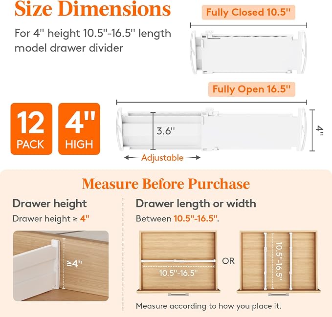 Lifewit 12 Pack Drawer Dividers for Clothes, 4" High 10.5"-16.5" Expandable Dresser Drawer Organizers, Adjustable White Plastic Separators for Kitchen, Cabinet, Nursery, Socks & Underwear Storage