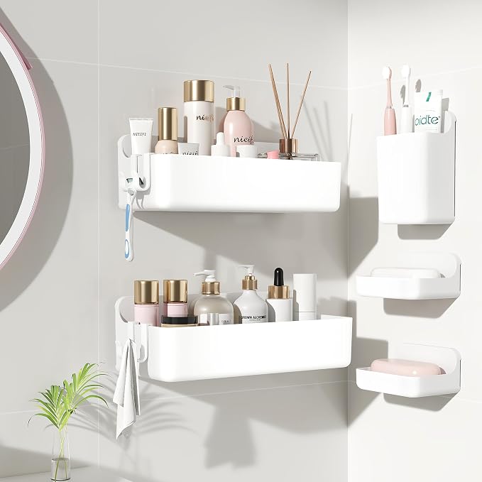 Nieifi Adhesive Shower Shelves, White, 5 Pieces | Rustproof ABS, Large Capacity, Removable Design, Easy-Clean, No Drilling Shower Organizer for Bathroom Storage & Home Decor