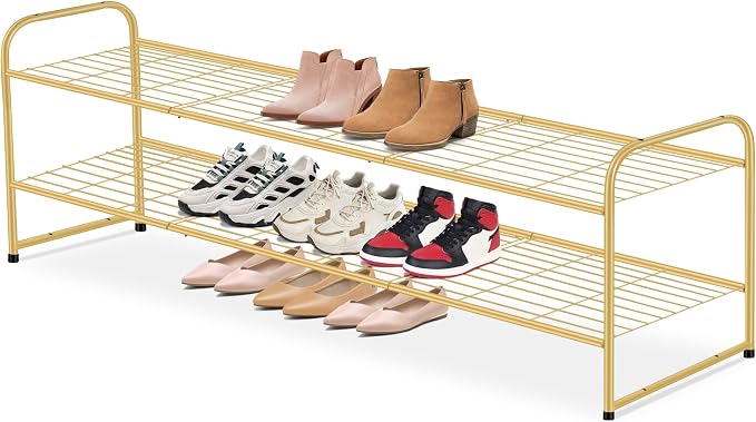 AOODA Long 2 Tier Shoe Rack for Closet Metal Wide Stackable Shoe Storage Organizer for Entryway, Bedroom, Floor, 18-Pairs Low Sneaker Shelf, Golden