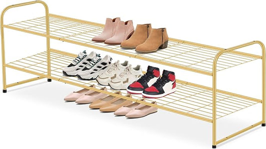 AOODA Long 2 Tier Shoe Rack for Closet Metal Wide Stackable Shoe Storage Organizer for Entryway, Bedroom, Floor, 18-Pairs Low Sneaker Shelf, Golden