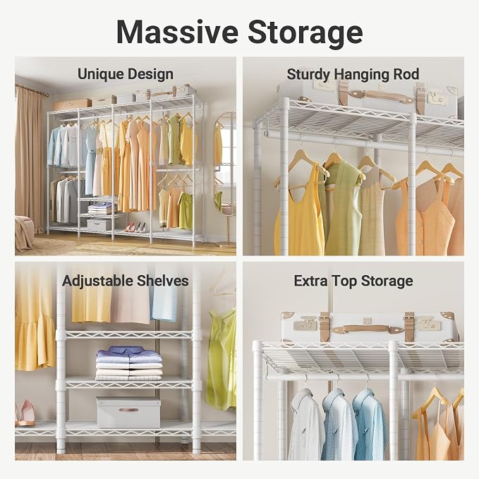 VIPEK V40 Heavy Duty Clothes Rack, Modular Closet System Clothing Rack | 76 inch Adjustable Open Clothing Storage System with 6 Shelves & 4 Hang Rods for Bedroom/Reach-in Closet, White