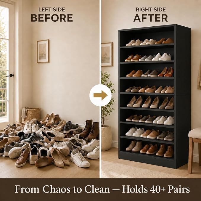 Tall Shoe Rack Cabinet for Closet & Entryway, 2 Pack, Black | Wooden Narrow Shoe Organizer Cabinet with Adjustable Shelves, Freestanding, for Bedroom, Hallway