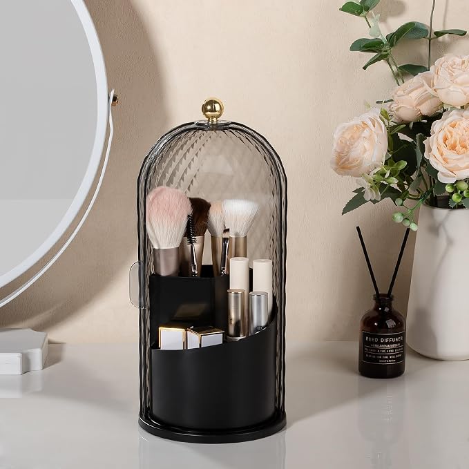 Toothbrush Holder with Cover for Bathroom Countertop, Organizer, Black | Rotating 3 Slot Holder for Electric Toothbrushes, Toothpaste, Self Draining Vanity Organizer, Makeup Brush Storage