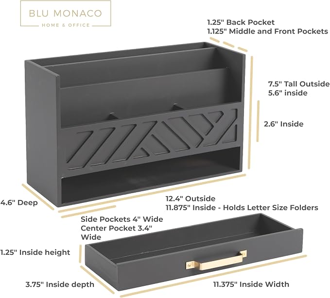 BLU MONACO | Wooden Mail Organizer with Drawer Gold Handle | Mail Sorter Organizer Countertop and Outgoing Mail Holder | Tabletop Organizer with Drawers Grey Desk Storage