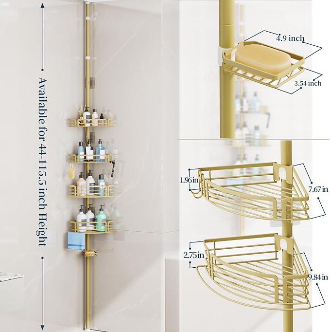 Consumest Corner Shower Caddy Tension Pole - Rustproof Shower Shelves with Towel Bar & Soap Holder, Adjustable Bath Organizer for Bathroom Storage, 27.6-108.3 inch, Gold