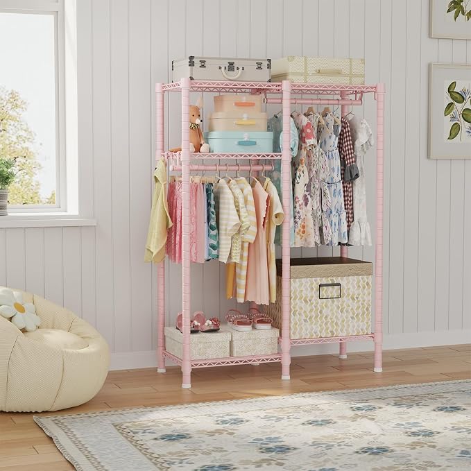 F1 Clothes Rack for Kids, Baby, Students, and Children's Room, 4 Tiers Portable Metal Closet Clothing Rack, Small Garment Rack with 2 Hanging Rod, 31.2" W x 11.8" D x 48" H, Pink | Clothing Rack for Baby and Children's Room, Small Freestanding Clothes ...