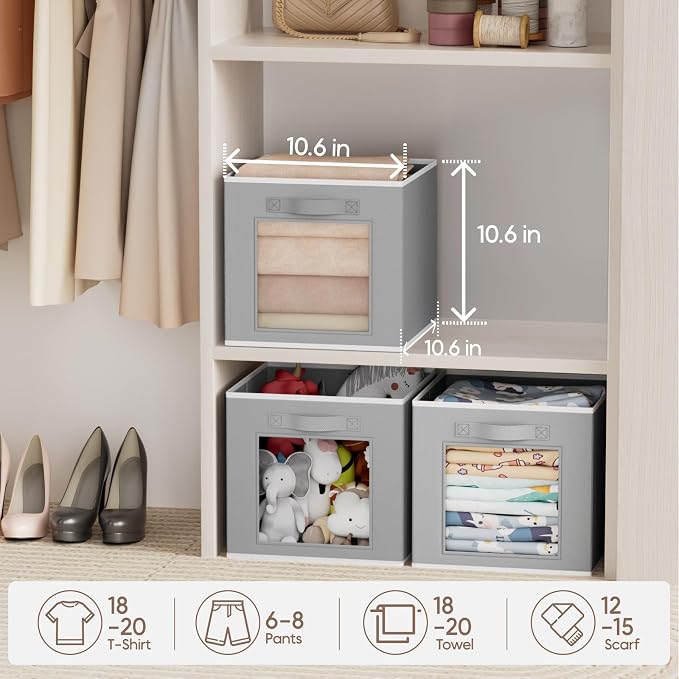 Storage Cube 11 Inch - Cube Storage Bins with Window, Closet Storage Baskets with Handle, Fabric Bins for Closet, Shelves, Toys, Clothes, Set of 6, Grey