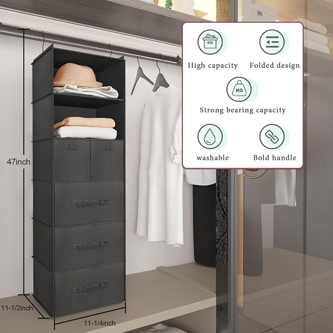 6-Shelf Hanging Closet Organizer with 5 Drawers, Non-Woven Storage, Black | Spacious compartments sort clothes & undergarments; foldable drawers add hidden storage for closets, wardrobes or RVs.