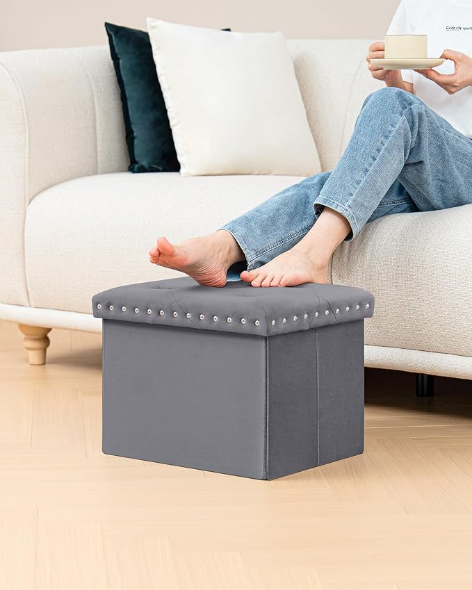B FSOBEIIALEO Storage Ottoman Cube Folding Tufted Ottomans, Storage Boxes Footrest for Bedroom, Luxury Velvet Fabric 16.5 * 12.6 * 12.6 Inches Grey