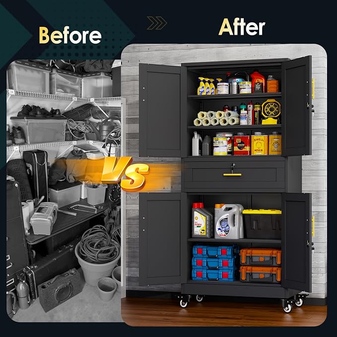 PAOFIN Metal Tall Storage Cabinet with Drawer, Garage Storage Cabinet | with Locking Doors and 3 Adjustable Shelves, 74" H Steel Cabinets for Garage, Home, Office, Black, Assembly Required