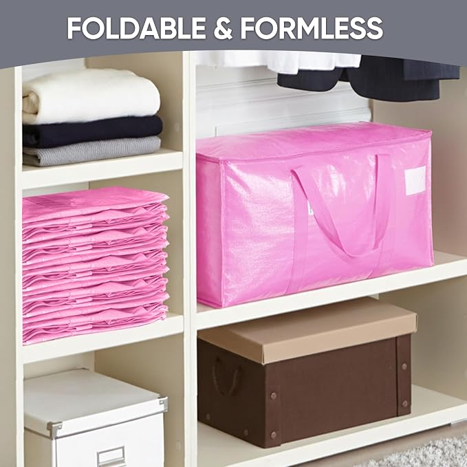 TICONN 2 Pack Extra Large Moving Bags Heavy Duty with Zippers & Carrying Handles, Durable Storage Bags Moving Boxes for Closet Organizers and Storage (2 Pack, Pink)