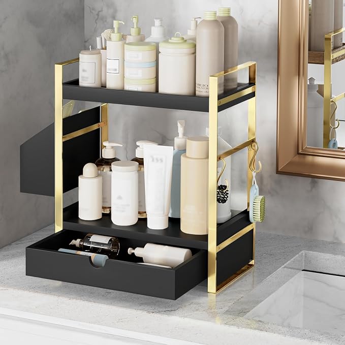 2-Tier Bathroom Counter Organizer, Wooden Vanity Shelf with Drawer & Basket | Pre-Drilled Holes, Skincare & Makeup Countertop Organizer and storage, Black-gold