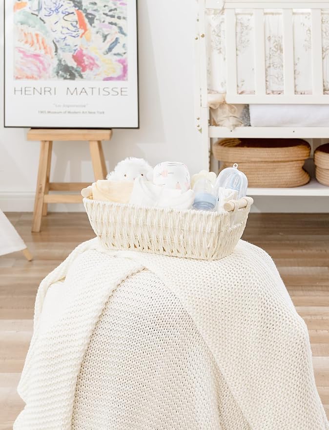 StorageWorks Round Paper Rope Woven Basket with Wooden Handles for Gifts, Small Wicker Baskets for Shelf, Beige, 2-Pack