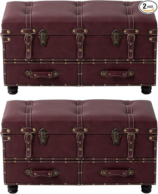 COZAYH - Storage Ottoman Bench Set of 2 - Dark Magenta | Faux Leather Upholstery, 31.5 in x 15.75 in x 17.25 in, Hinged Lid With Latch, 250 lb Capacity, Attach Legs Assembly