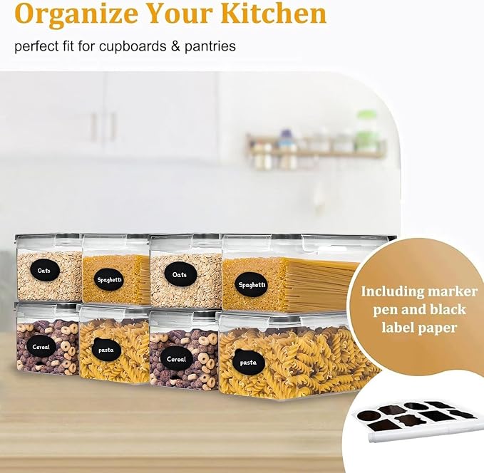 8pc 3.2L Airtight Canisters with Lids, Kitchen Dry Pantry Storage | 8pack 3.2L airtight canisters lock moisture out. Stackable bins hold all kinds of daily dry foods for kitchen pantry use