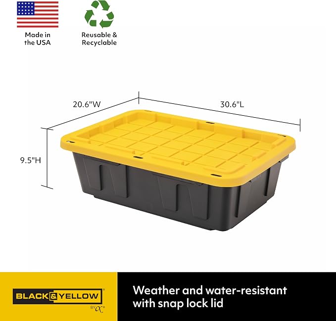 CX Heavy Duty 15-Gallon Stackable Plastic Storage Bins with Lids, 5 Pack | Storage totes for garage organization, Stackable containers, weather-resistant, snap lid, 9.5H x 20.6W x 30.6D, Black/Yellow
