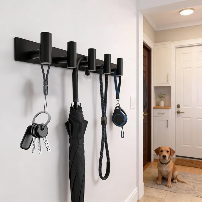 Matte Black Coat Rack Wall Mount - 5 Hooks, Heavy Duty Stainless Steel Wall Hooks for Towels, Coats, Robes, Bags, Hats, Keys, Wall Coat Hanger for Bathroom, Entryway, Kitchen, Hotel, Bedroom, Office