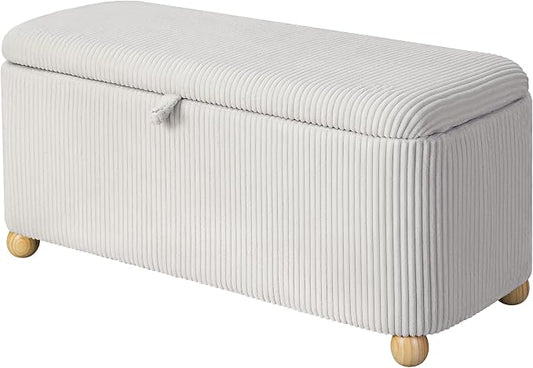 Homebeez 39” Corduroy Storage Ottoman Bench with Hinged Lid & Handle | End of Bed Storage Bench with Wood Ball Legs, for Kids Room, Bedroom, Entryway & Living Room, (White)