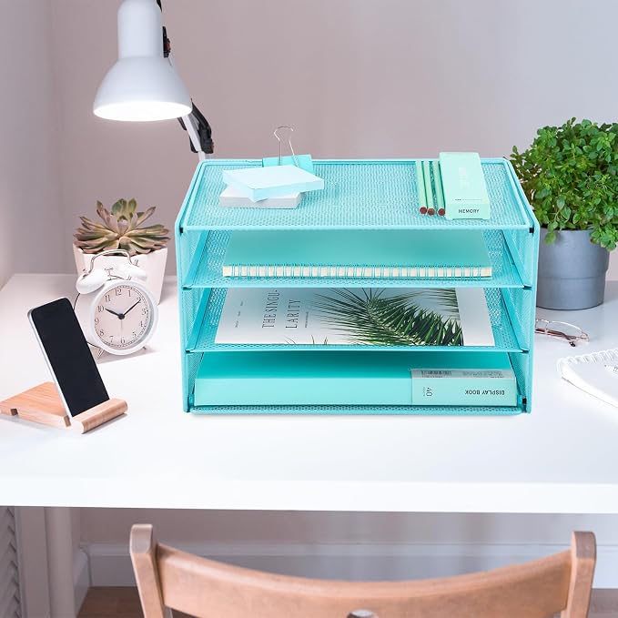 Paper Organizer Tray, 3 Tier Mesh Desk File Organizer Letter Sorter Holder for Home Office, Blue