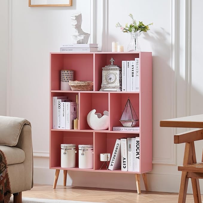 LEYAOYAO Cube Bookshelf, Mid-Century Modern Book Shelf with Legs,Light Pink | 3 Tier Bookcase, Rustic Wood Bookshelves Freestanding Small Storage Organizer, Open Shelves for Bedroom, Living Room, Office
