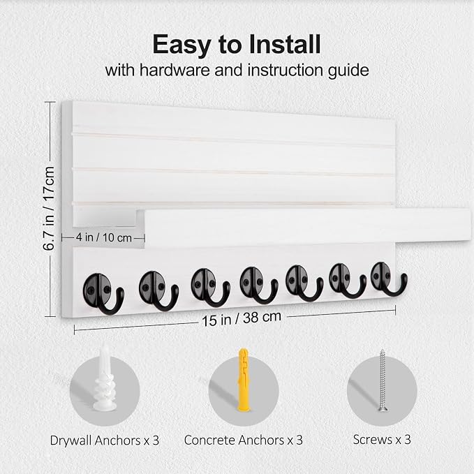 Lwenki Key Holder Wall Mount, Entryway Key and Mail Holder with 7 Sturdy Hooks for Sunglasses, Dog Leash, Decorative Wall Shelf with Mounting Hardware, 15”W x 6.7”H x 4.2”D (White)