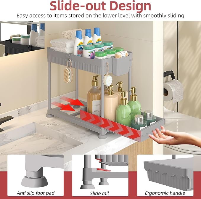 Sevenblue 4-Pack 2-Tier Under Sink Organizer with Pull Out Drawers | Multi-use kitchen & bathroom storage. Includes hanging hooks and cups. Gray, space-saving cabinet design. 12.8 Inch