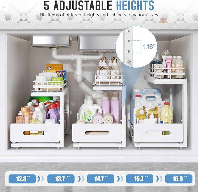 Under Sink Organizer Upgrade To Professional Rails,2-Tier Dual Pull Out Cabinet Storage,Height Adjustable Slide Out Drawers For Bathroom Kitchen,2 Pack-16.7"Dx12.8"-16.9"H,White