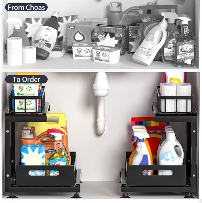 L-Shaped Under Sink Organizer, 2-Tier Pull-out Cabinet Rack 1-Pack | Black Height-Adjustable Metal Rack, Sliding Grid Drawers with Safety Stopper, Holds 100 Lbs, Ideal Kitchen Cabinet Storage