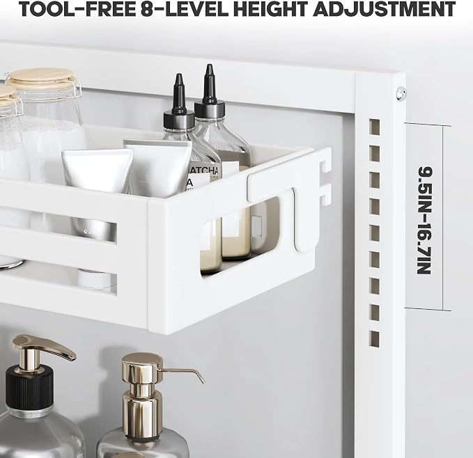 2 Pack Under Sink Organizer,Pull Out Cabinet Organizer With Smooth Cylindrical Rail,Metal Slide Out Drawer for Kitchen Bathroom Laundry Cabinet,8-Level Tool Free Height Adjustable-White