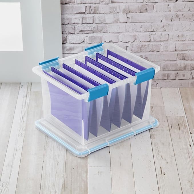 Sterilite Gasket Storage Box with Lids for Home & Office, 32 Quart, 8-Pack | Heavy-Duty, Stackable, and Organizing Containers for Bathroom, Cabinet, Closet, and Garage, Clear and Blue Aquarium Latches