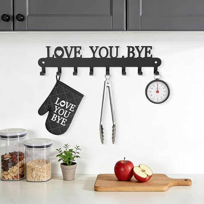 Key Holder for Wall - 'Love You Bye' Key Hooks, Black, 8 Hooks | Key Holder Wall Mount Self Adhesive, Key Rack Wall Mount for Wall No Drill for Living Room, Kitchen, Bathroom, Garage